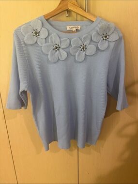 Nannette Light Blue Floral-Applique Ribbed Top